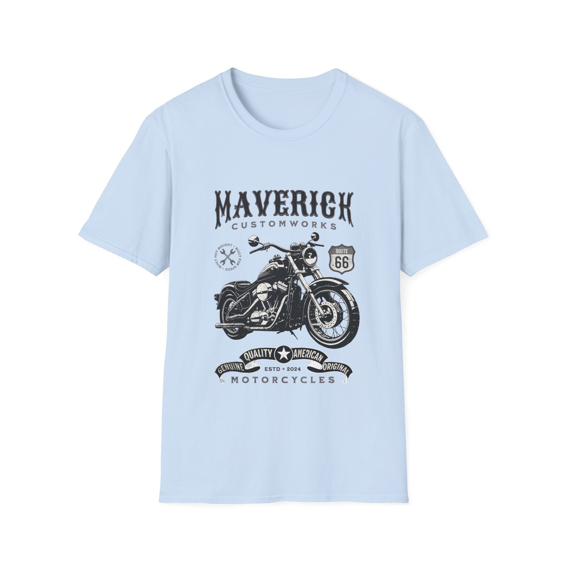 Light blue t-shirt with black motorcycle graphic and text on a white background