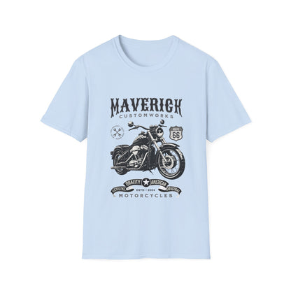 Light blue t-shirt with black motorcycle graphic and text on a white background