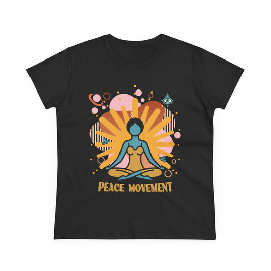 black Ladies t-shirt with a yoga graphic and text 'Peace Movement'.