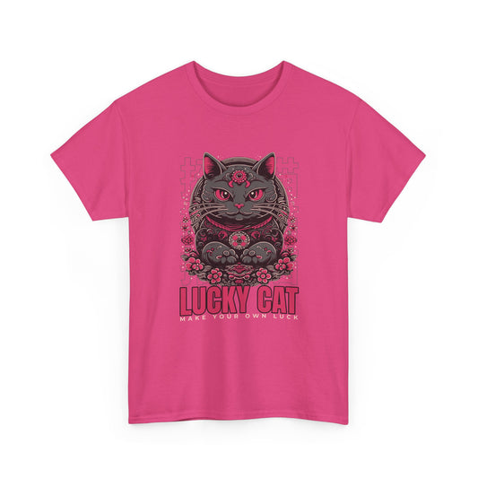 A hot Pink t-shirt with a Japanese Meneki-neko cat graphic and the text 'Lucky Cat' on a white background.
