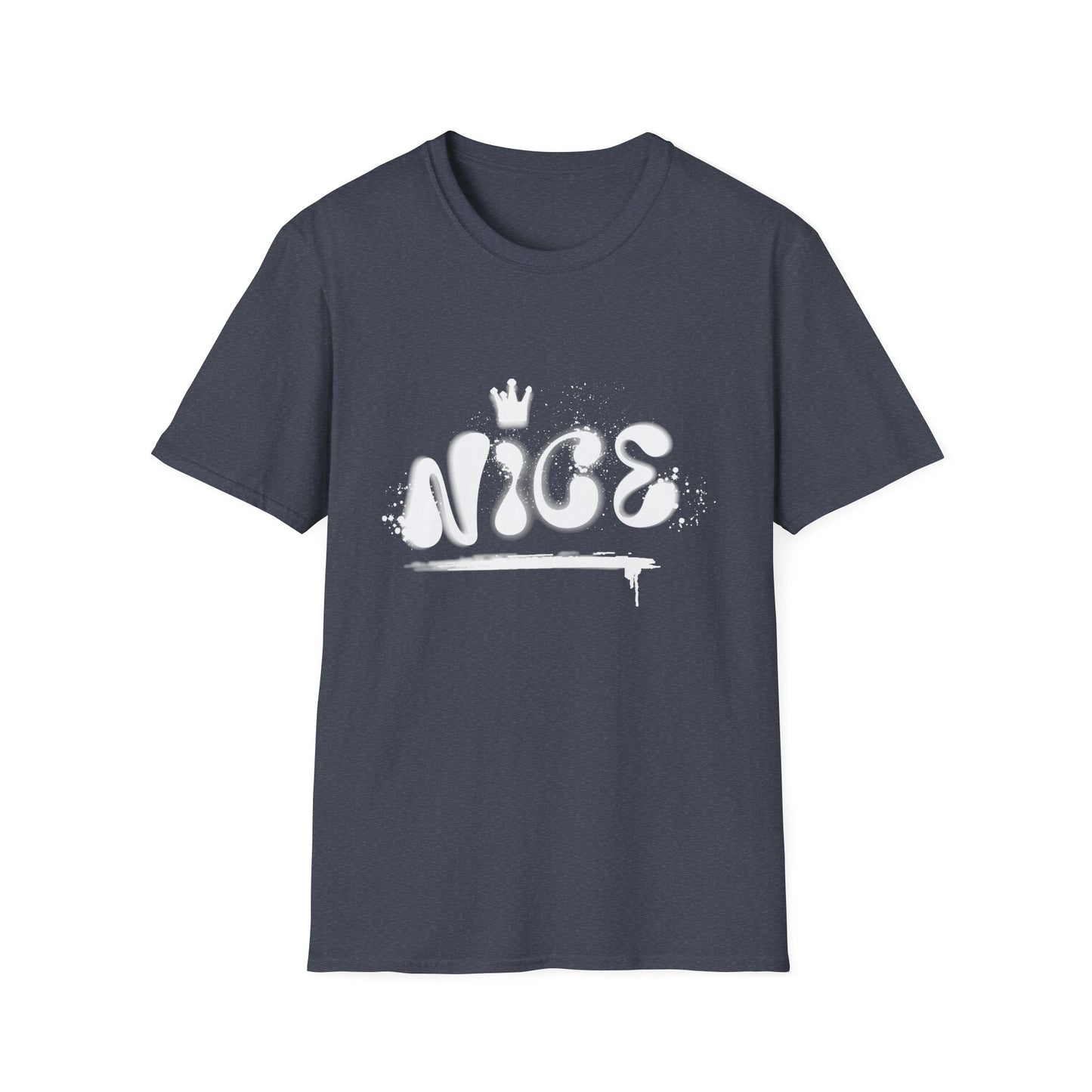 Heather navy  hip hop t-shirt with 'NICE' spray painted on the front.
