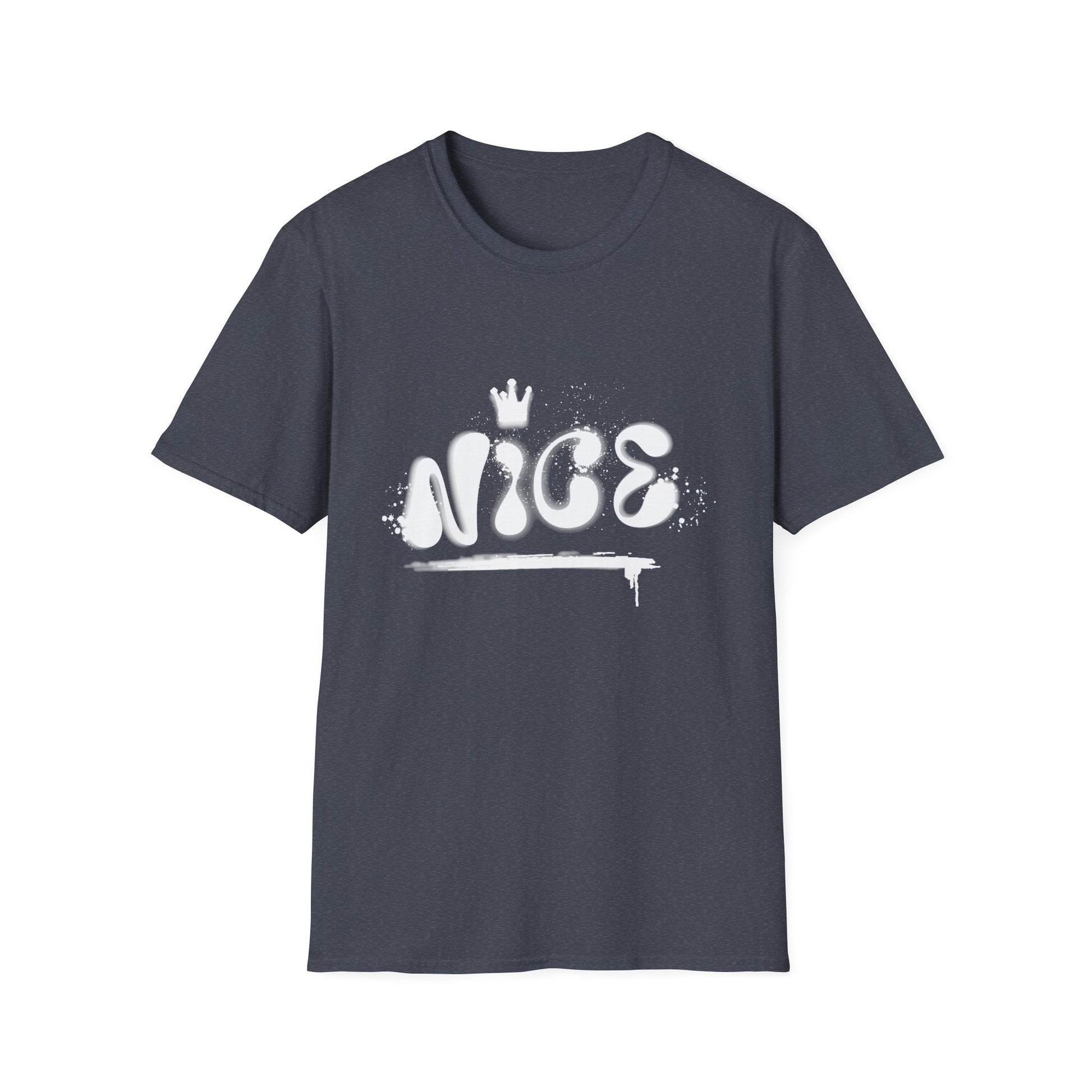 Heather navy  hip hop t-shirt with 'NICE' spray painted on the front.