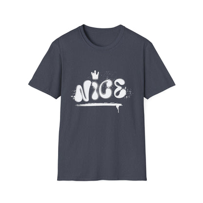 Heather navy  hip hop t-shirt with 'NICE' spray painted on the front.