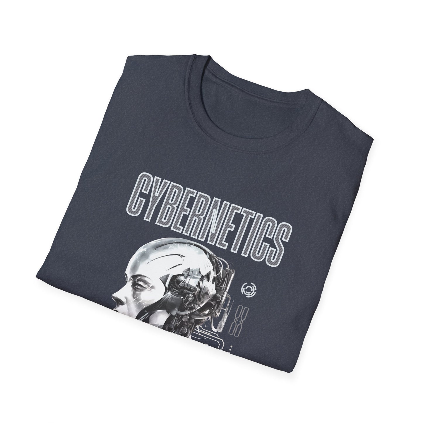Folded t-shirt with 'Cybernetics' design on a white background
