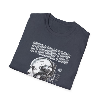 Folded t-shirt with 'Cybernetics' design on a white background