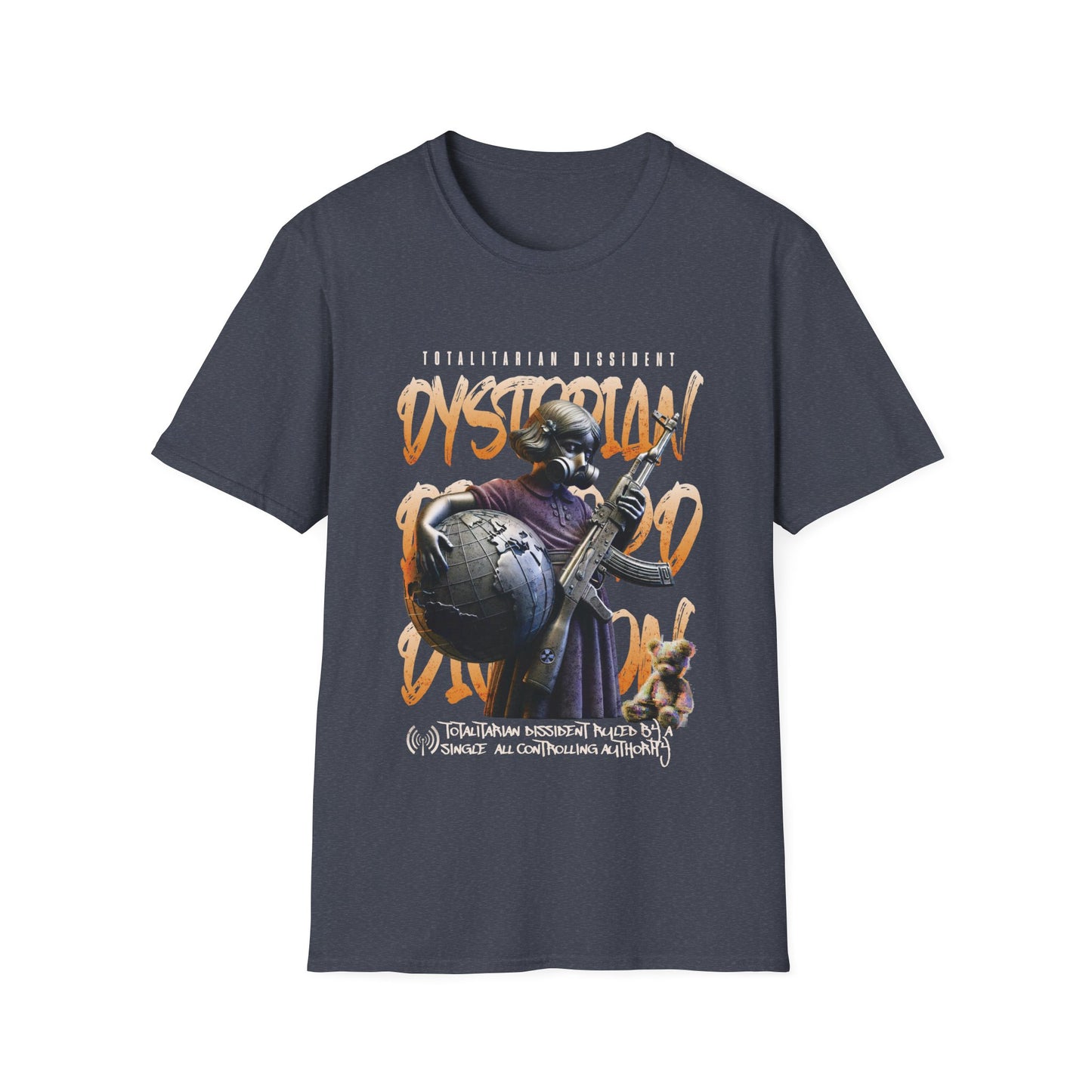 A heather navy dystopian streetwear tee showing a tactical gas-masked figure against a fractured world map with "Dystopian" and "Totalitarian Dissident" typography in a gritty, industrial aesthetic.