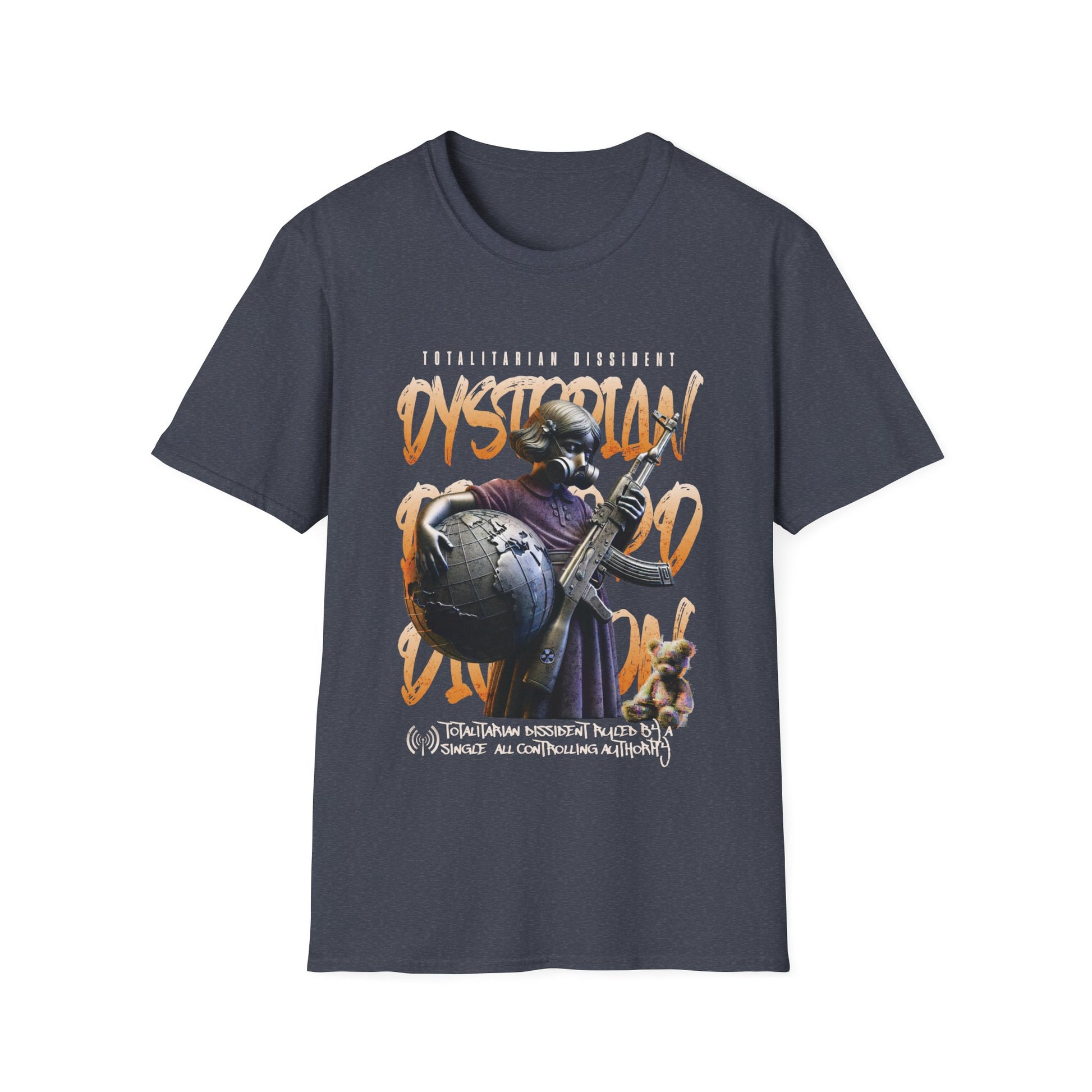A heather navy dystopian streetwear tee showing a tactical gas-masked figure against a fractured world map with "Dystopian" and "Totalitarian Dissident" typography in a gritty, industrial aesthetic.