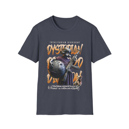 A heather navy dystopian streetwear tee showing a tactical gas-masked figure against a fractured world map with "Dystopian" and "Totalitarian Dissident" typography in a gritty, industrial aesthetic.