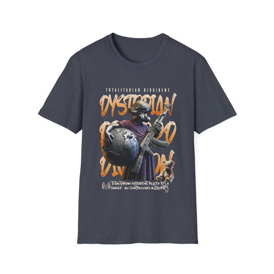 A heather navy dystopian streetwear tee showing a tactical gas-masked figure against a fractured world map with "Dystopian" and "Totalitarian Dissident" typography in a gritty, industrial aesthetic.