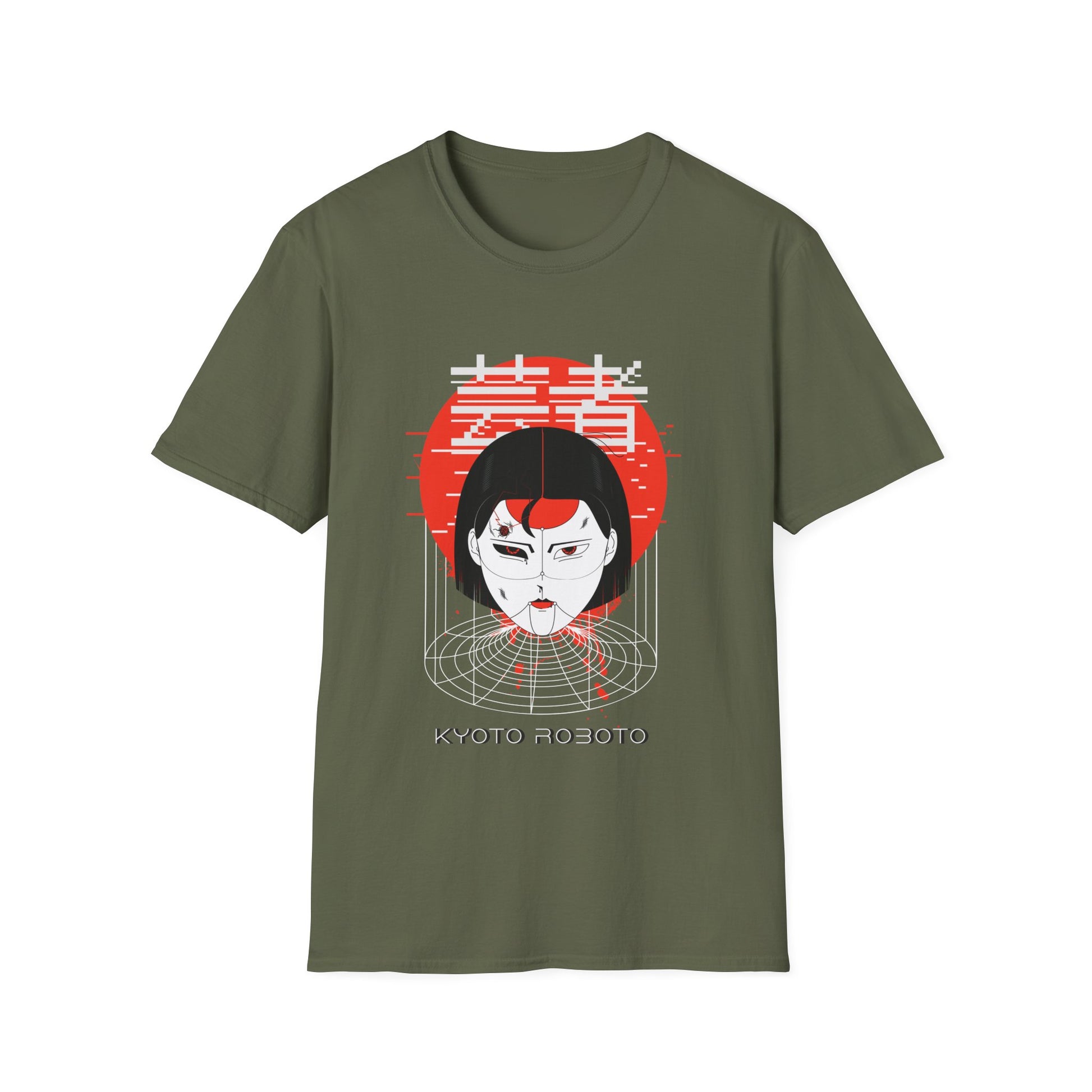 Military green t-shirt with a graphic design of a Japanese cyber woman against a red sun with text "Kyoto Roboto".