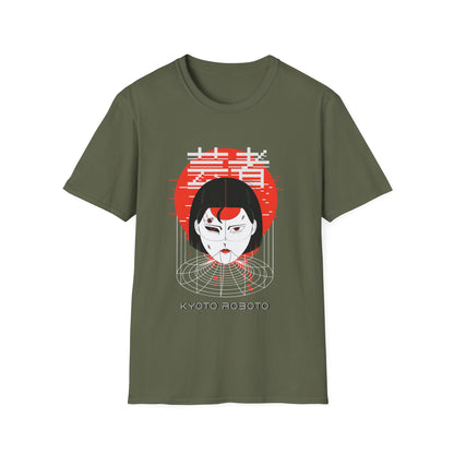 Military green t-shirt with a graphic design of a Japanese cyber woman against a red sun with text "Kyoto Roboto".