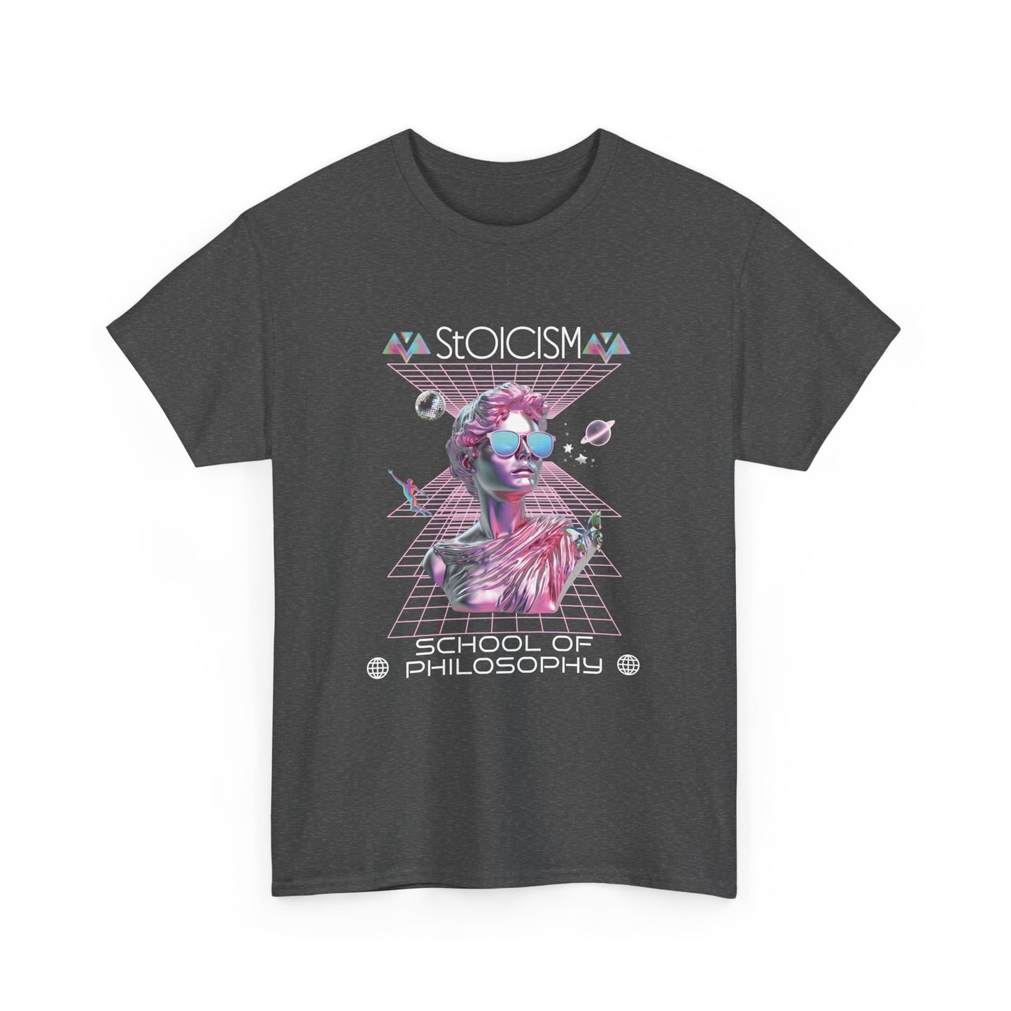 A heather grey t-shirt with a graphic design featuring a pink metallic bust in a futuristic, celestial scene  with the text 'Stoicism School of Philosophy' .
