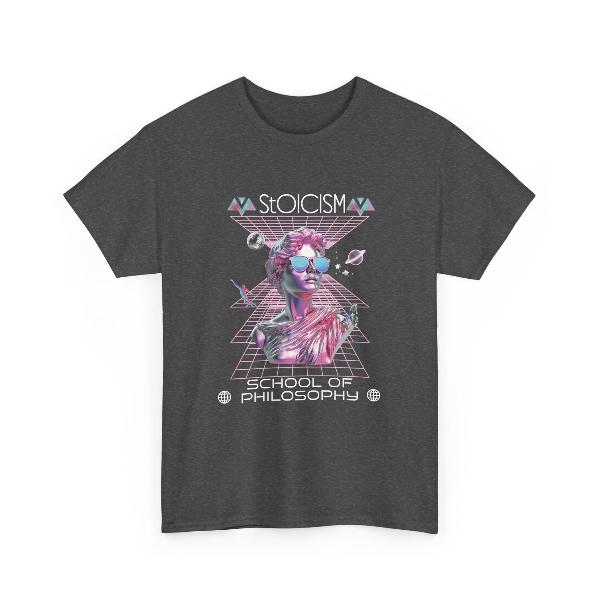 A heather grey t-shirt with a graphic design featuring a pink metallic bust in a futuristic, celestial scene  with the text 'Stoicism School of Philosophy' .