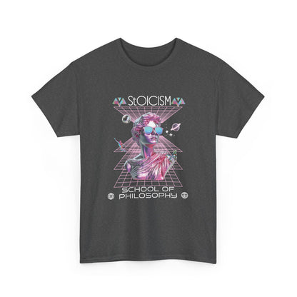 A heather grey t-shirt with a graphic design featuring a pink metallic bust in a futuristic, celestial scene  with the text 'Stoicism School of Philosophy' .