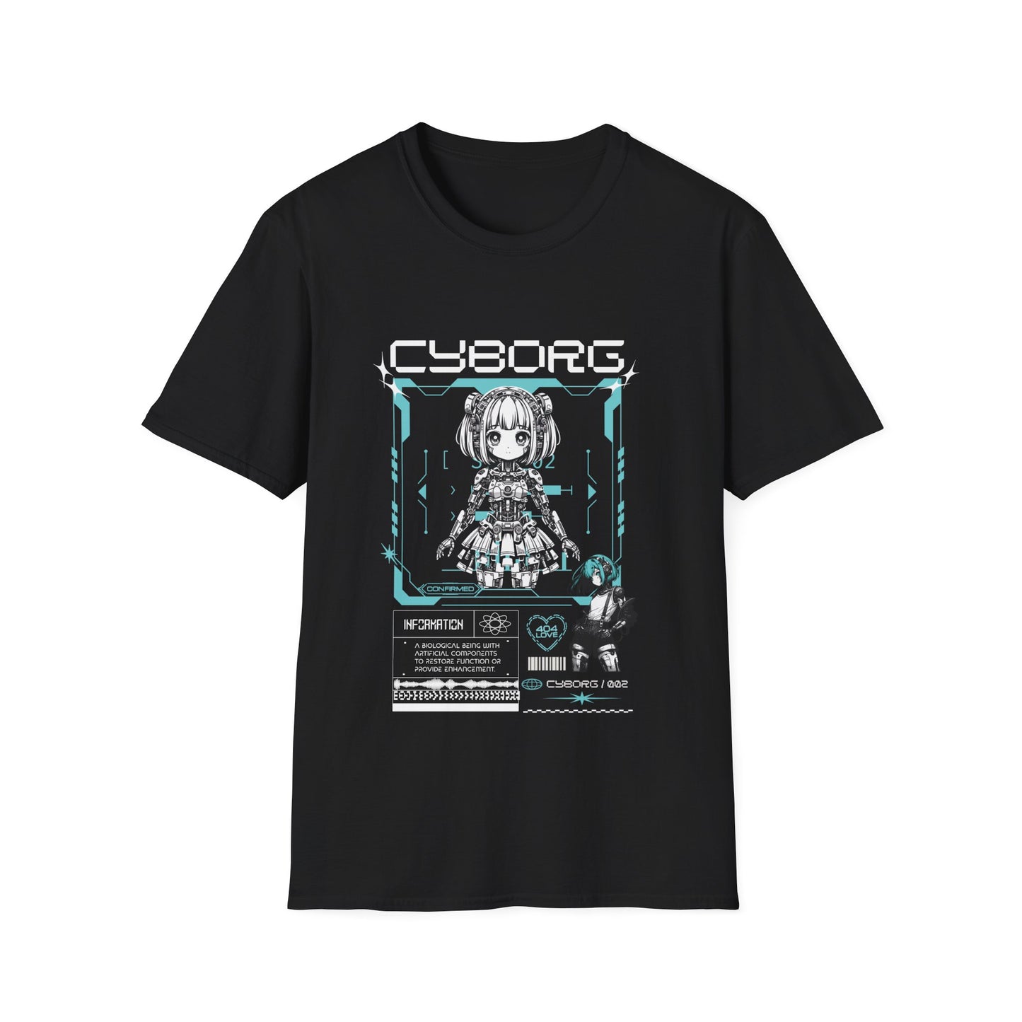 A black t-shirt featuring a detailed white and blue cyberpunk anime graphic of a cyborg girl with mechanical hair accessories. The word 'CYBORG' is printed in a large, futuristic font at the top. The design includes technical HUD elements, a 'CONFIRMED' status box, a small barcode, and an 'INFORMATION' panel with technical text at the bottom.