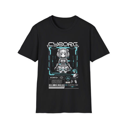 A black t-shirt featuring a detailed white and blue cyberpunk anime graphic of a cyborg girl with mechanical hair accessories. The word 'CYBORG' is printed in a large, futuristic font at the top. The design includes technical HUD elements, a 'CONFIRMED' status box, a small barcode, and an 'INFORMATION' panel with technical text at the bottom.