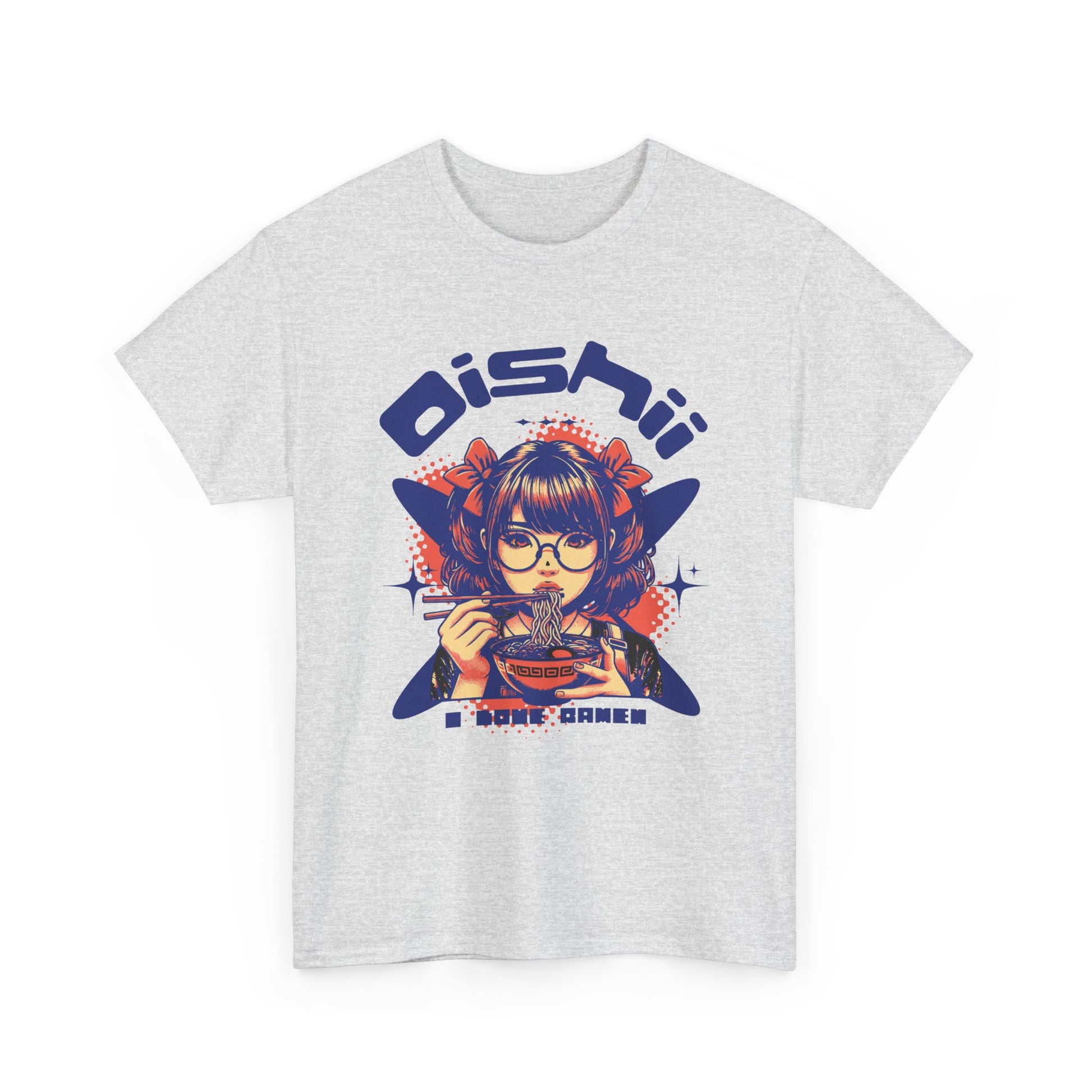 Kawaii Ramen Noodle Graphic Tee, Harajuku style streetwear shirt with anime girl foodie design and Oishii (Delicious) text, Ash colored t-shirt.