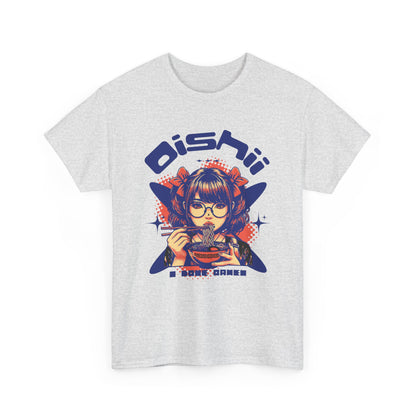 Kawaii Ramen Noodle Graphic Tee, Harajuku style streetwear shirt with anime girl foodie design and Oishii (Delicious) text, Ash colored t-shirt.