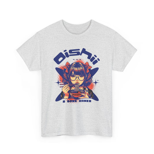 Kawaii Ramen Noodle Graphic Tee, Harajuku style streetwear shirt with anime girl foodie design and Oishii (Delicious) text, Ash colored t-shirt.