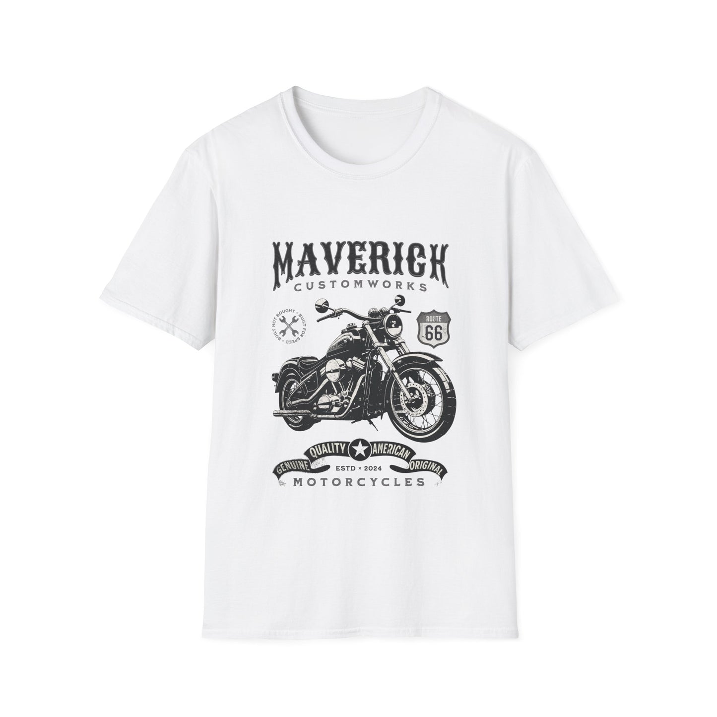 White t-shirt with black motorcycle graphic and 'Maverick Customworks' text on a white background