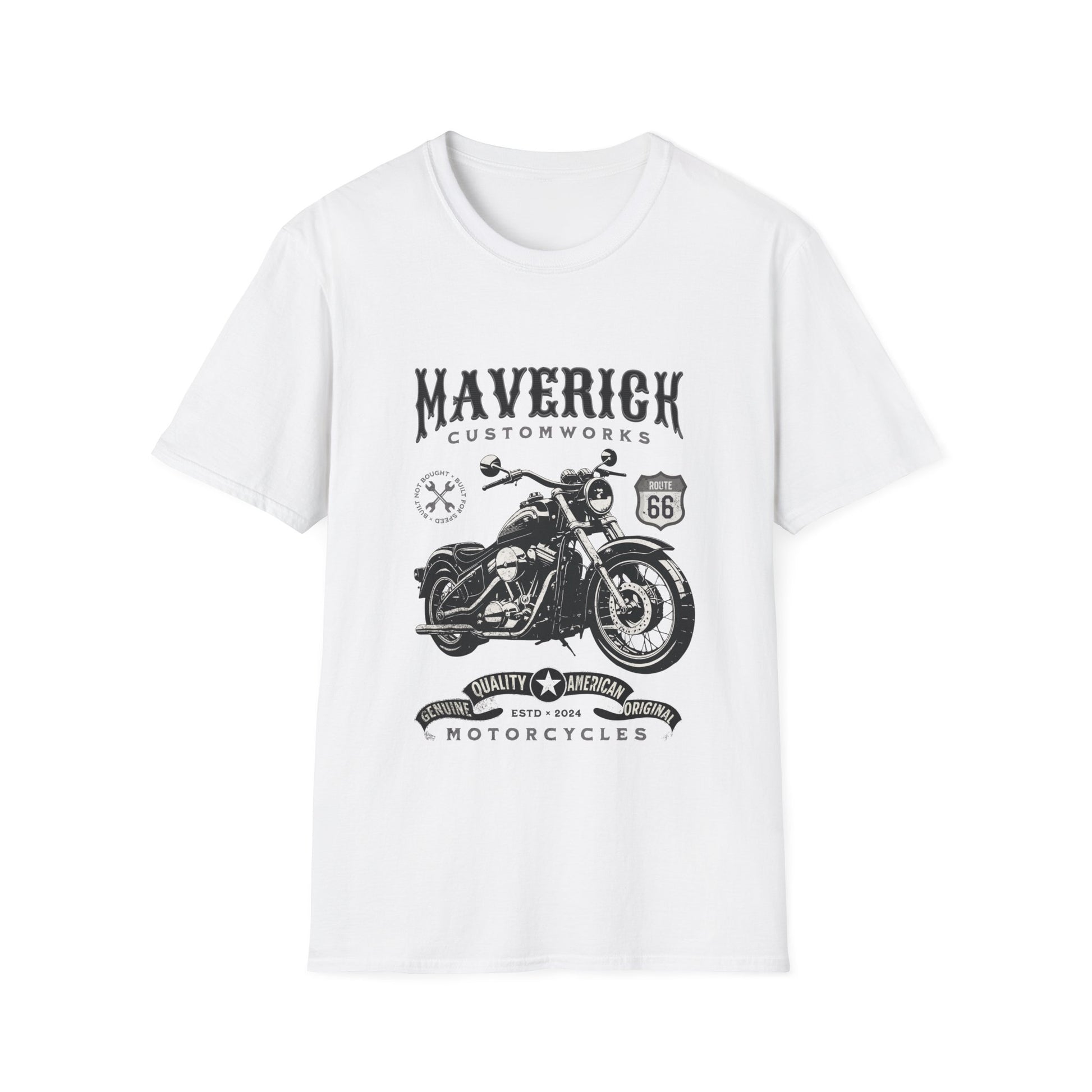 White t-shirt with black motorcycle graphic and 'Maverick Customworks' text on a white background