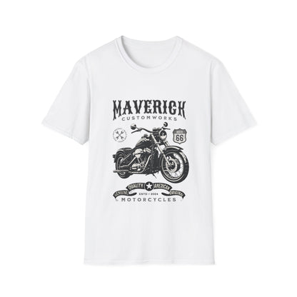 White t-shirt with black motorcycle graphic and 'Maverick Customworks' text on a white background