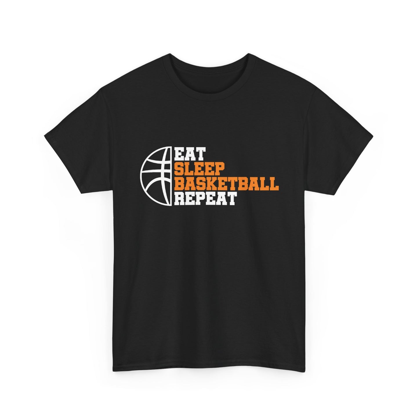 A black 100% cotton t-shirt with 'Eat Sleep Basketball Repeat' text and basketball graphic on a white background
