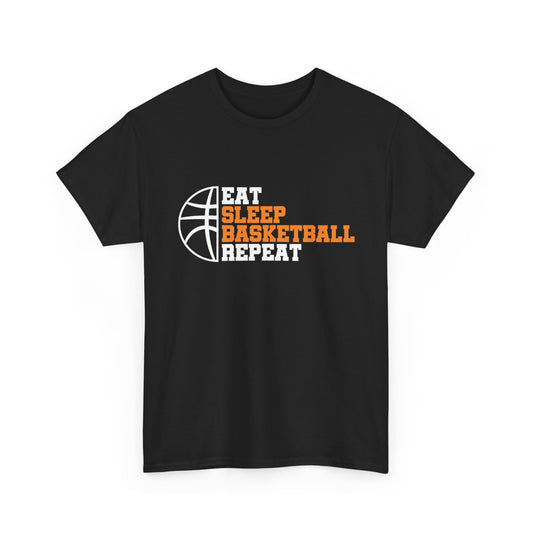 A black 100% cotton t-shirt with 'Eat Sleep Basketball Repeat' text and basketball graphic on a white background