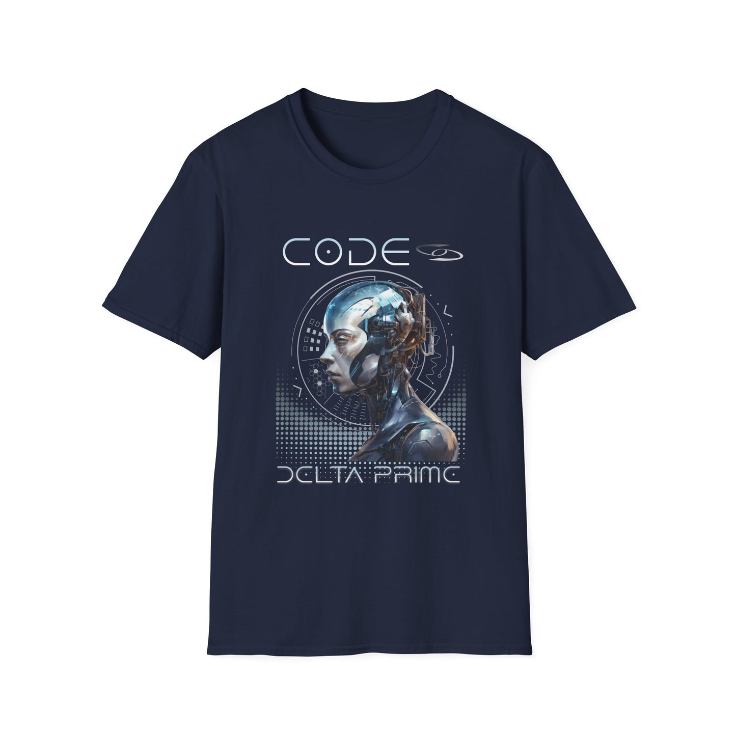 A navy t-shirt with 'CODE' and 'DELTA PRIME' text with a cyborg woman graphic design. 