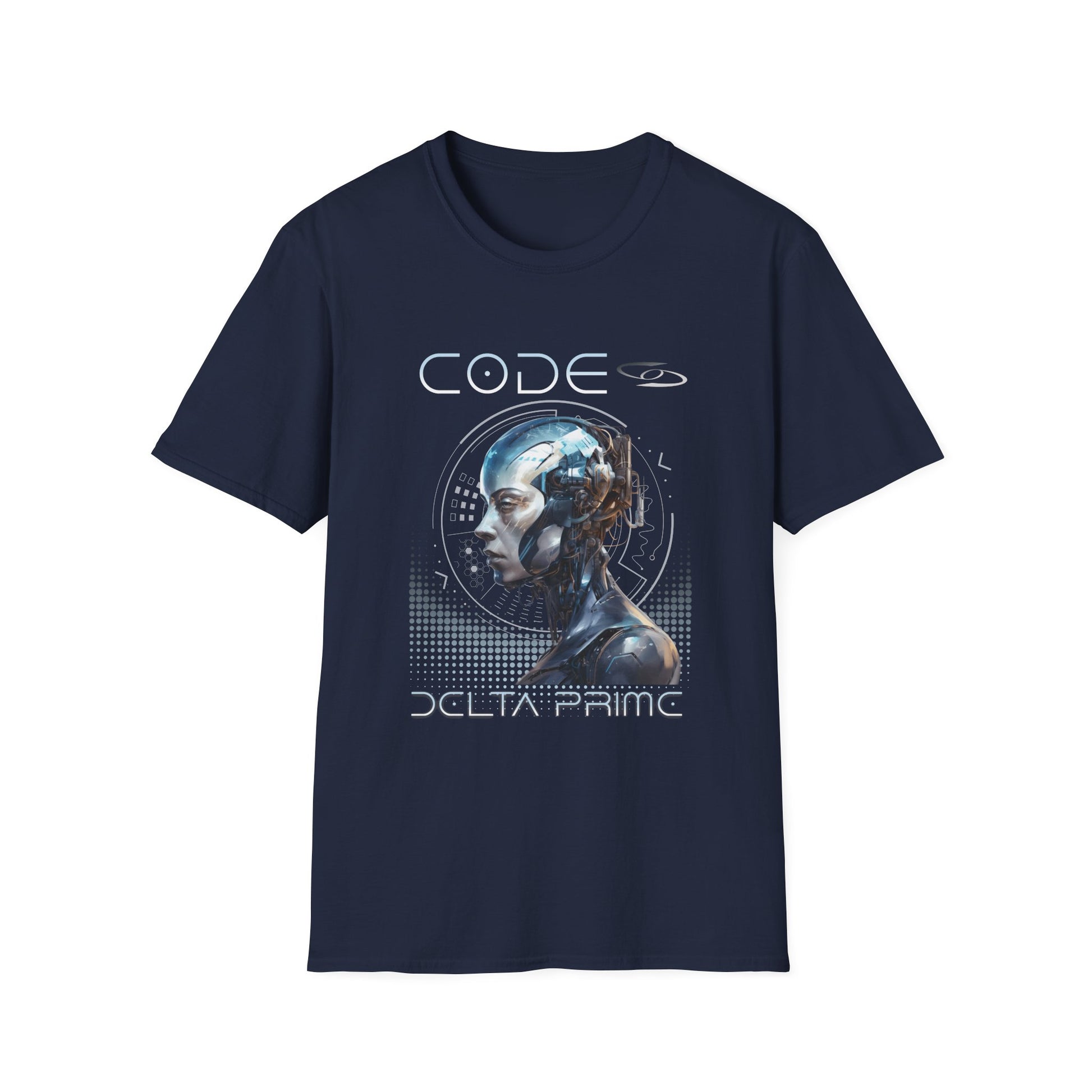 A navy t-shirt with 'CODE' and 'DELTA PRIME' text with a cyborg woman graphic design. 