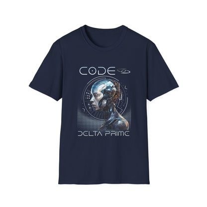 A navy t-shirt with 'CODE' and 'DELTA PRIME' text with a cyborg woman graphic design. 