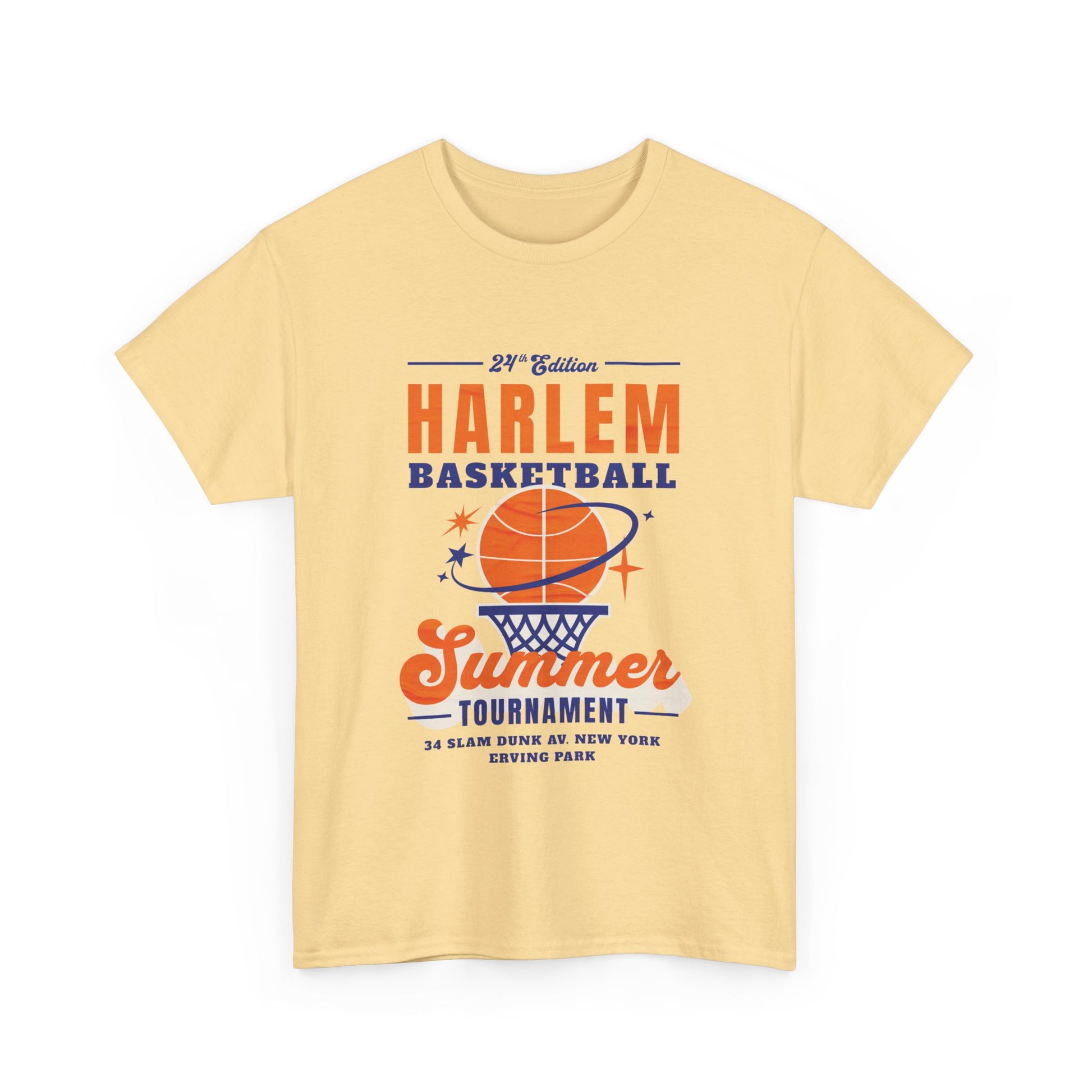 a yellow t-shirt with Harlem Basketball Summer Tournament design 