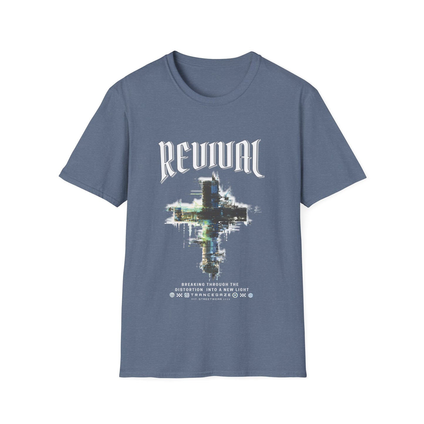 Heather indigo Christian streetwear T-shirt for men featuring a distressed Revival cross graphic with urban glitch art.