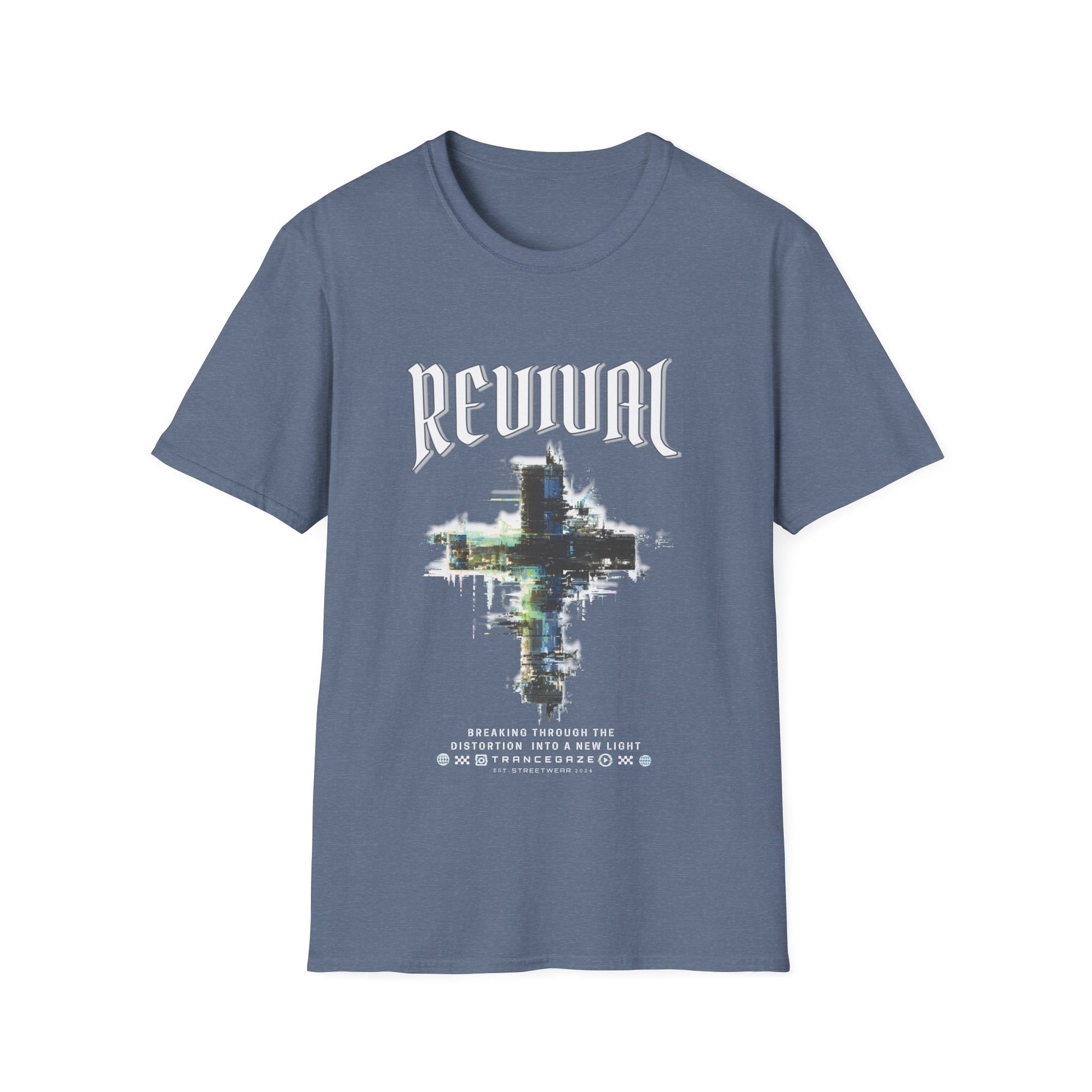 Heather indigo Christian streetwear T-shirt for men featuring a distressed Revival cross graphic with urban glitch art.