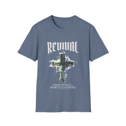 Heather indigo Christian streetwear T-shirt for men featuring a distressed Revival cross graphic with urban glitch art.