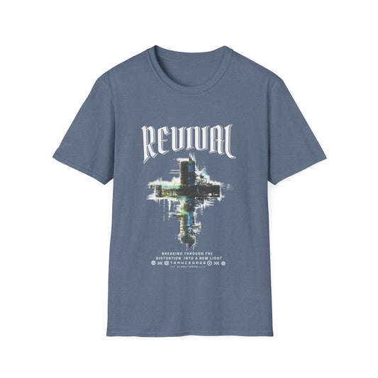 Heather indigo Christian streetwear T-shirt for men featuring a distressed Revival cross graphic with urban glitch art.