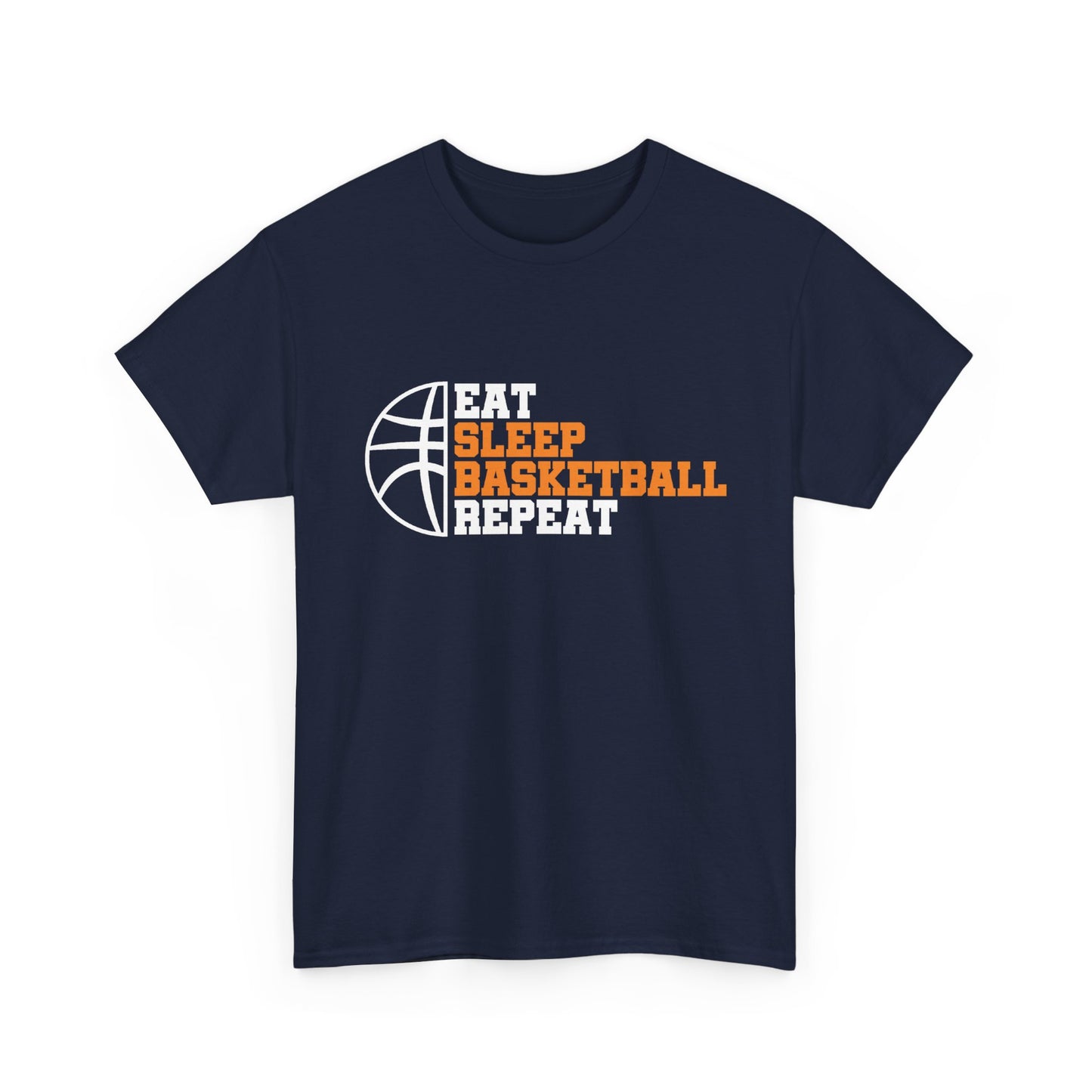 Navy blue t-shirt with 'Eat Sleep Basketball Repeat' text and basketball graphic on a white background