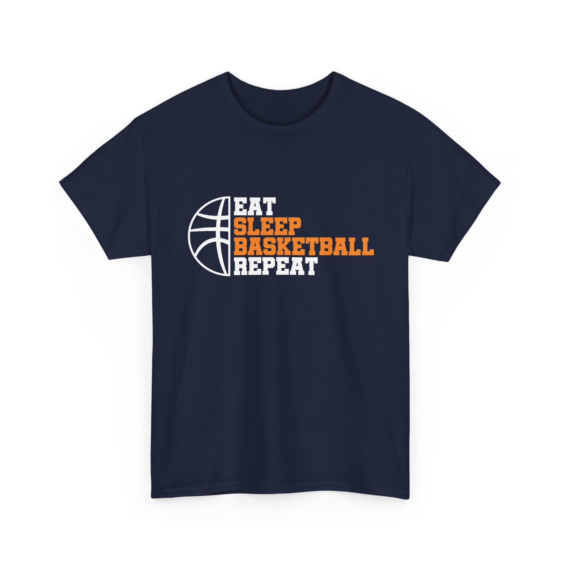 Navy blue t-shirt with 'Eat Sleep Basketball Repeat' text and basketball graphic on a white background