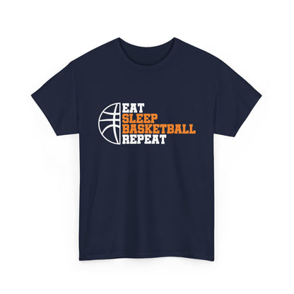 Navy blue t-shirt with 'Eat Sleep Basketball Repeat' text and basketball graphic on a white background