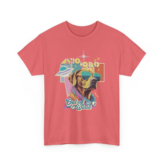 Coral Silk t-shirt with a retro Astro Hound yellow lab graphic wearing sunglasses, featuring UFO and "Out of This World" text.