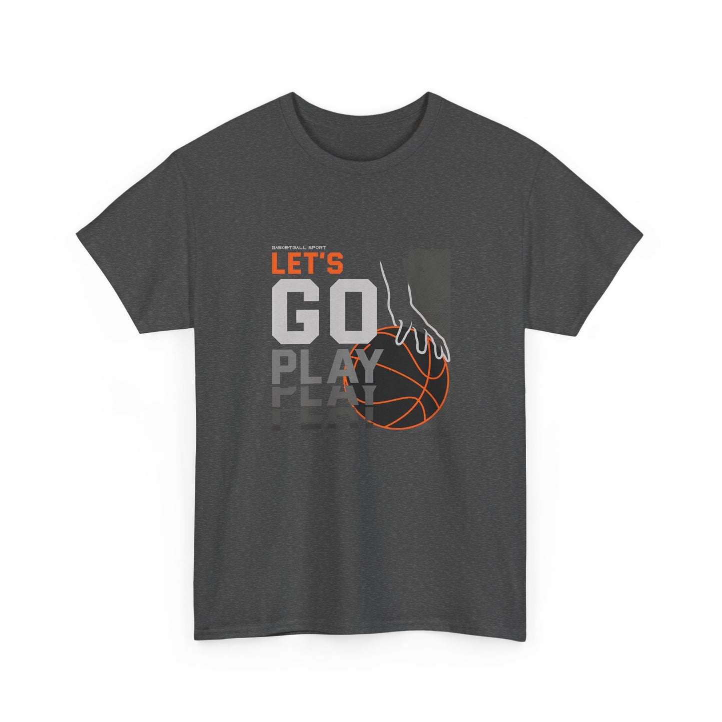 A heather gray streetwear graphic tee with a modern sports design. The graphic shows a stylized basketball player's hand reaching for an orange basketball next to the words 'LET'S GO PLAY' in white and gray block lettering.