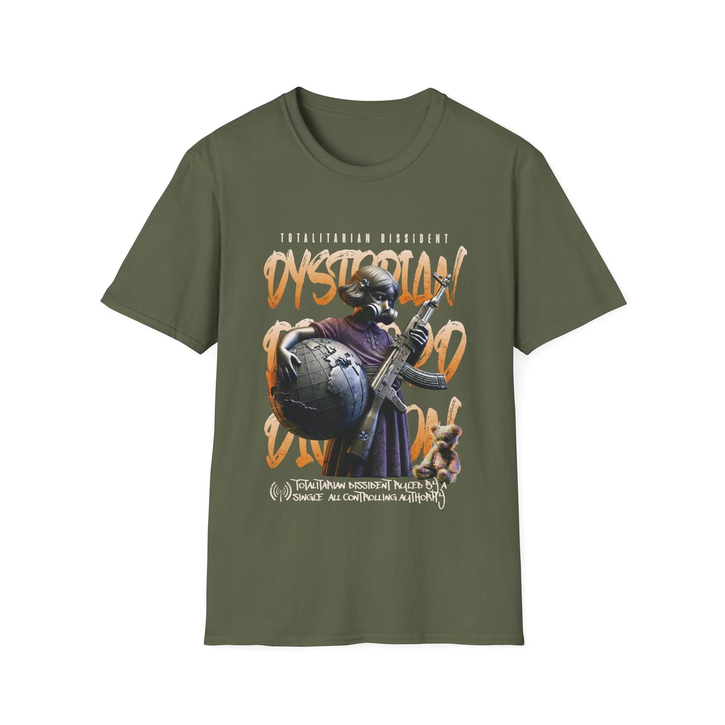 A military green dystopian streetwear tee showing a tactical gas-masked figure against a fractured world map with "Dystopian" and "Totalitarian Dissident" typography in a gritty, industrial aesthetic.