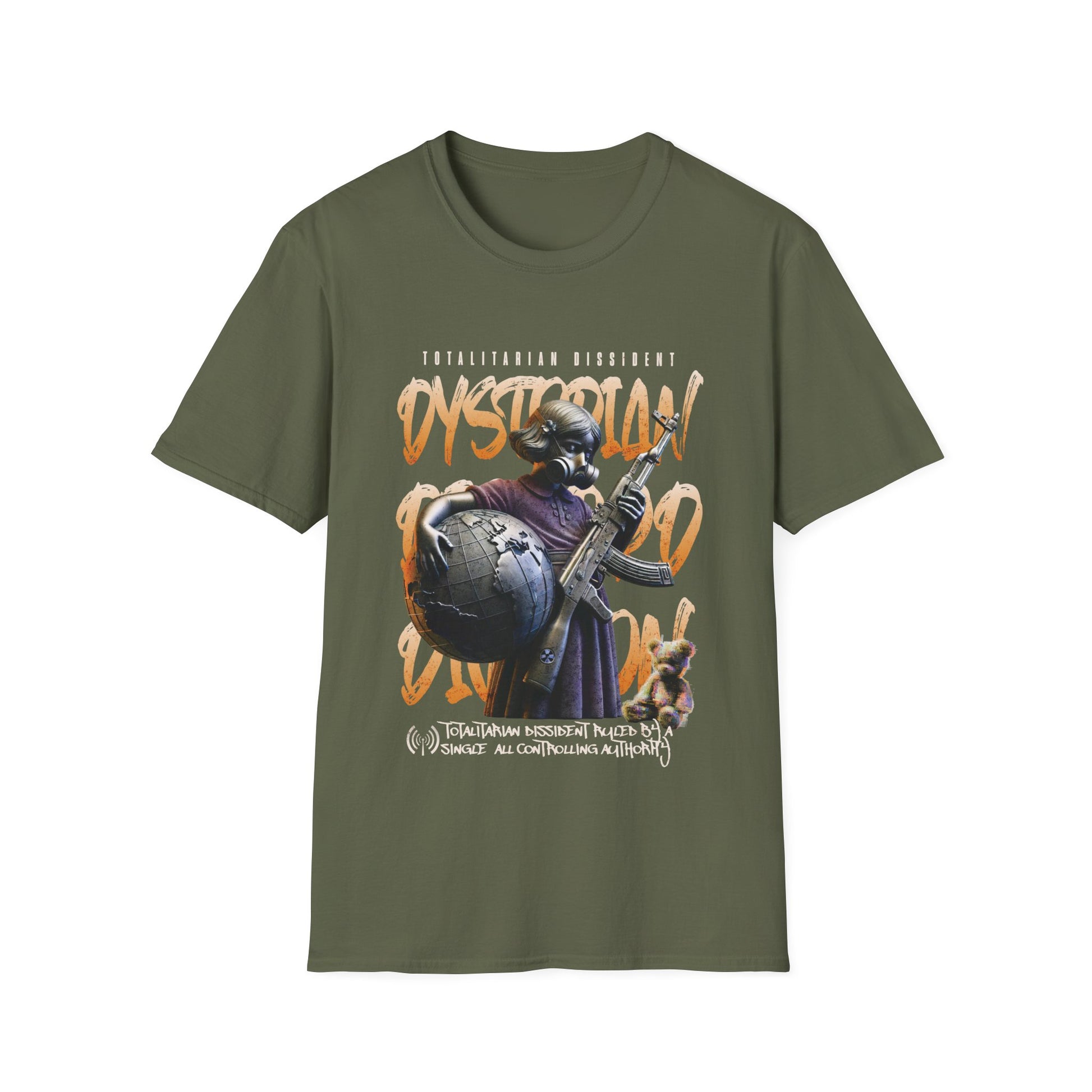 A military green dystopian streetwear tee showing a tactical gas-masked figure against a fractured world map with "Dystopian" and "Totalitarian Dissident" typography in a gritty, industrial aesthetic.