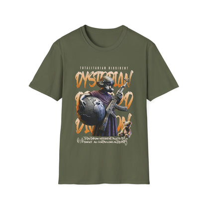 A military green dystopian streetwear tee showing a tactical gas-masked figure against a fractured world map with "Dystopian" and "Totalitarian Dissident" typography in a gritty, industrial aesthetic.
