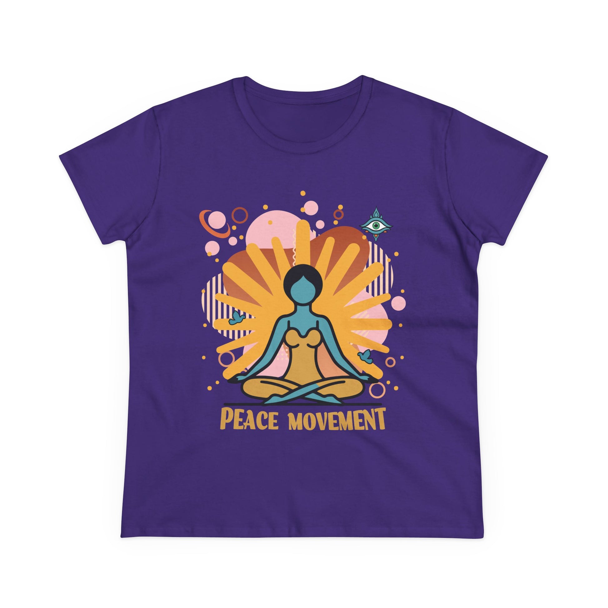 A purple Ladies t-shirt with a yoga graphic and text 'Peace Movement'.