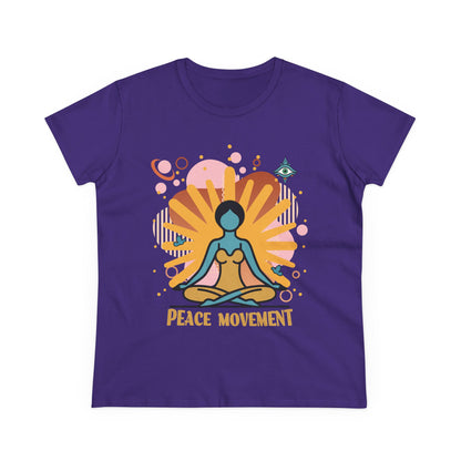 A purple Ladies t-shirt with a yoga graphic and text 'Peace Movement'.