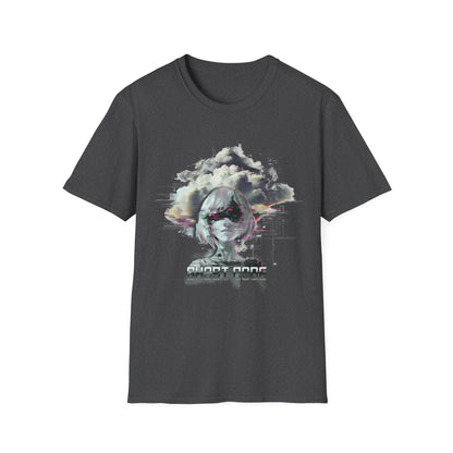 Black t-shirt with a graphic design of a cloud and abstract elements on a white background