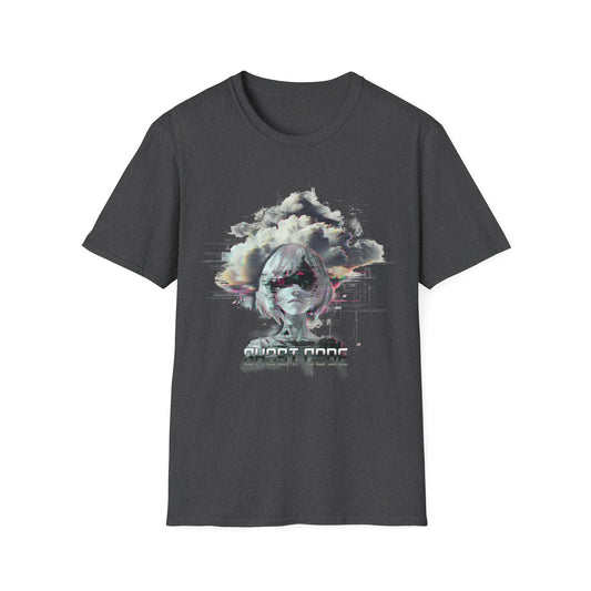 Black t-shirt with a graphic design of a cloud and abstract elements on a white background