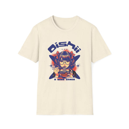 Beige t-shirt with anime-style graphic and text on a white background