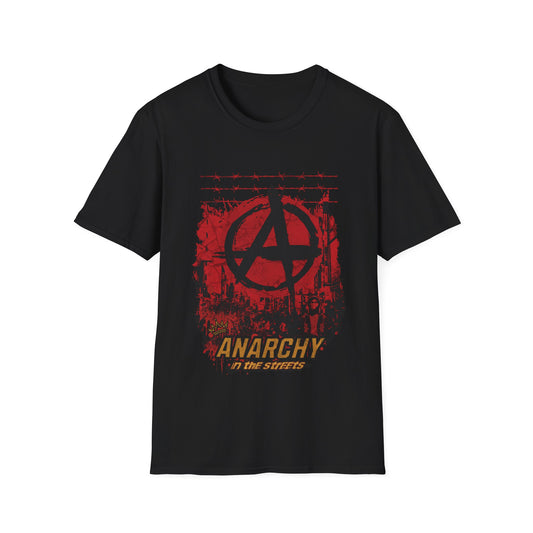 Black t-shirt with red and yellow graphic design on a white background